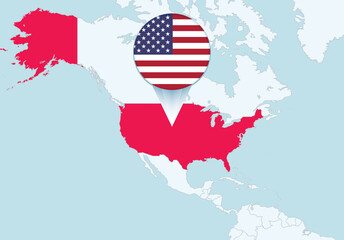 America with selected USA map and USA flag icon.
