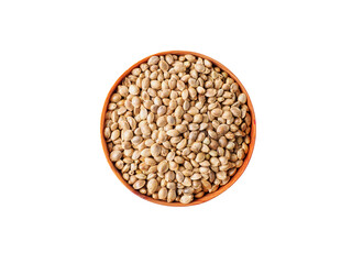 Hemp seeds in the bowl on white background.