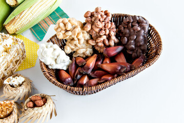 Festa Junina in Brazil, a typical festival of São João, corn, popcorn, pé de moleque, sweet peanuts and pinhão.