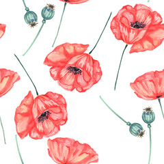 Watercolor poppies pattern. Watercolor floral print. Red wild flowers. Field flowers. Watercolor botanical illustration. Watercolor seamless pattern. Design for packing, wrapping paper, gift, decor