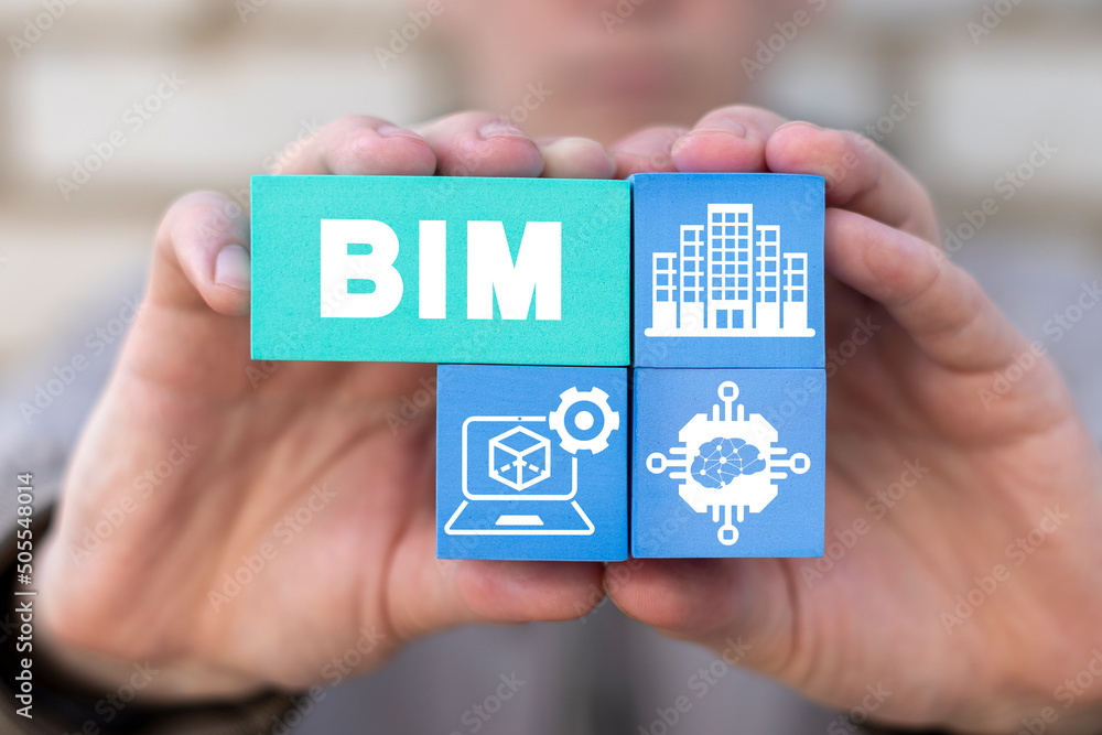 Poster concept of bim building information modeling. bim electronic architectural construction development 