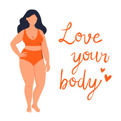 Body positive poster with trendy hand drawn lettering Love your body. Female characters. Feminism quote