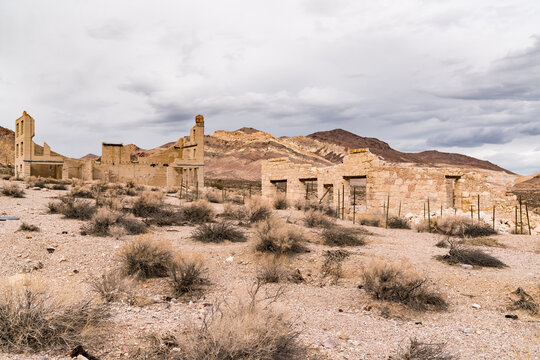 Ghost Town Ruins Of Abandoned Buildings In The Old Boom Town Of Rhyolite, Nevada