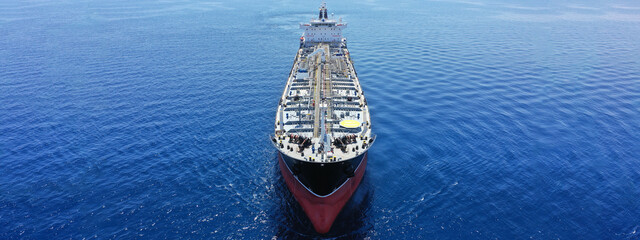 Aerial drone ultra wide photo of latest technology in safety standards crude oil tanker cruising...