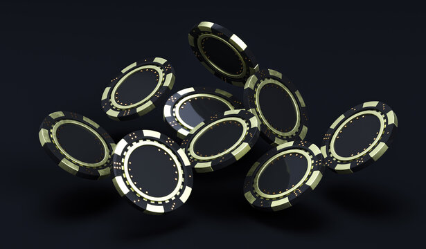 Black and gold color chips side view. Online gambling tokens for slots, poker, roulette casino games. Casino chips isolated on black background. 3d rendering