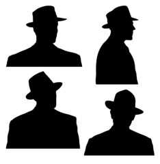 Set of four portrait silhouettes of men with fedora hat. Men dressed in 1940s style. - obrazy, fototapety, plakaty