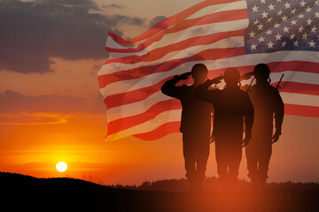 USA army soldiers saluting on a background of sunset or sunrise and USA flag. Greeting card for...