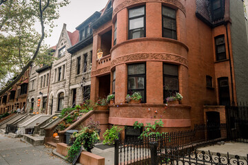 Brooklyn typical facades & row houses in an iconic neighborhood of Brooklyn. Park Slope, New York - obrazy, fototapety, plakaty
