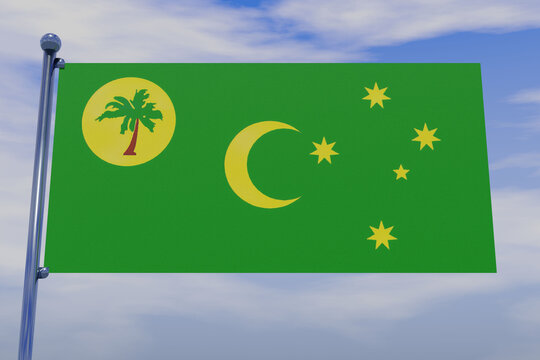 3D illustration of the flag of Cocos (Keeling) Islands with a flag pole in a blue sky