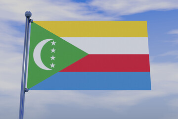 3D illustration of the flag of Comoros with a chrome flag pole with snap hooks in a blue sky