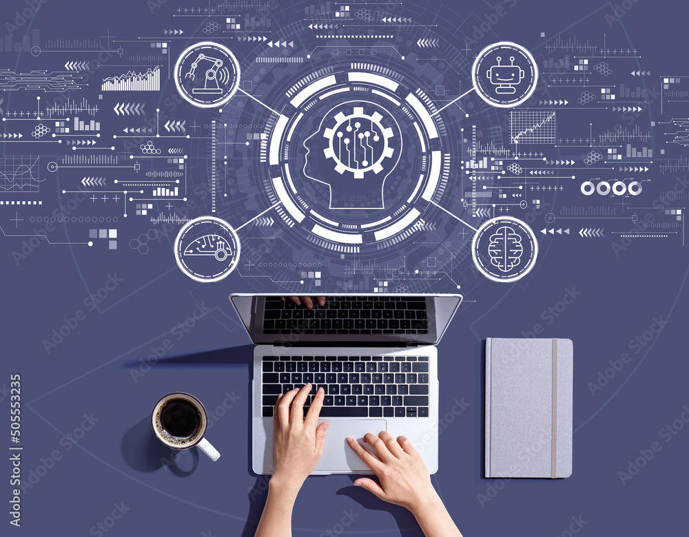 Poster future technology concept with person using a laptop computer