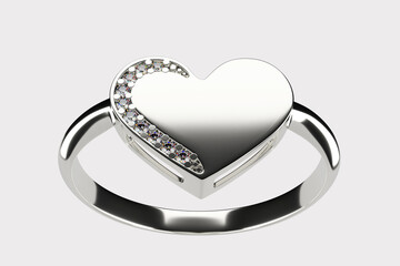 Silver diamond ring isolated on white background. Ring with heart and diamonds 3D render