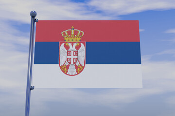 3D illustration of the flag of Serbia with a chrome flag pole in the blue sky