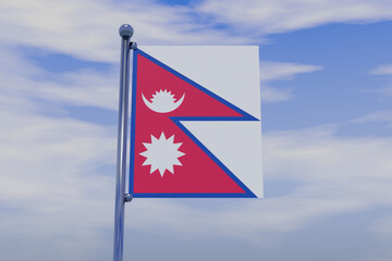 3D illustration of the flag of Nepal with a chrome flag pole in the blue sky