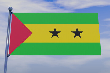 3D illustration of the flag of Sao Tome and Principe with a chrome flag pole in the blue sky