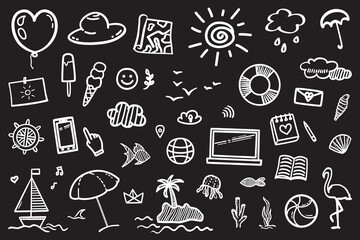Hand drawn holiday elements. Summer holidays. Signs and symbols. Black and white illustration