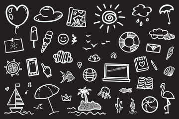 Hand drawn holiday elements. Summer holidays. Signs and symbols. Black and white illustration