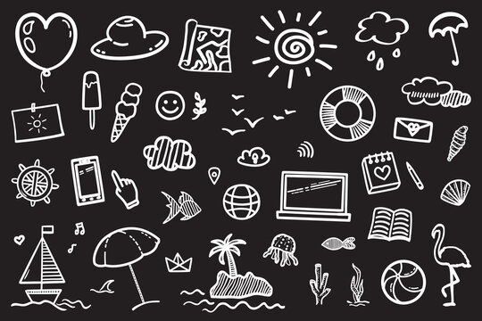 Hand drawn holiday elements. Summer holidays. Signs and symbols. Black and white illustration