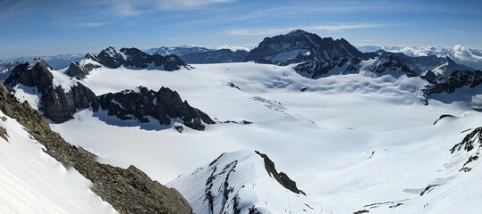 fantastic view from the scharhorn peak in switzerland. Ski tour over the glacier in WInter. skimo in swiss alps