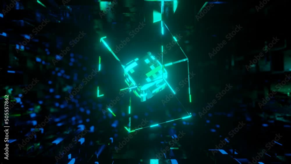 Aufkleber 3d object or structure rotates and moves inside glass mirror tunnel with neon light, bright reflecti