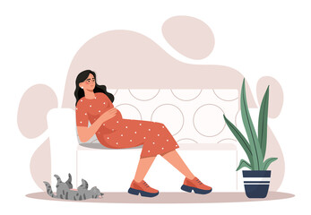 Pregnant woman concept. Girl with big belly sitting on couch. Expectant mother expecting child, motherhood and parenthood. Hostess with cat on comfortable home. Cartoon flat vector illustration