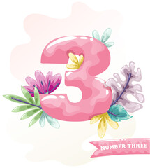 Number three 3. Candy pink numbers with floral elements. Baby girl birthday letters. Sweet glossy font
