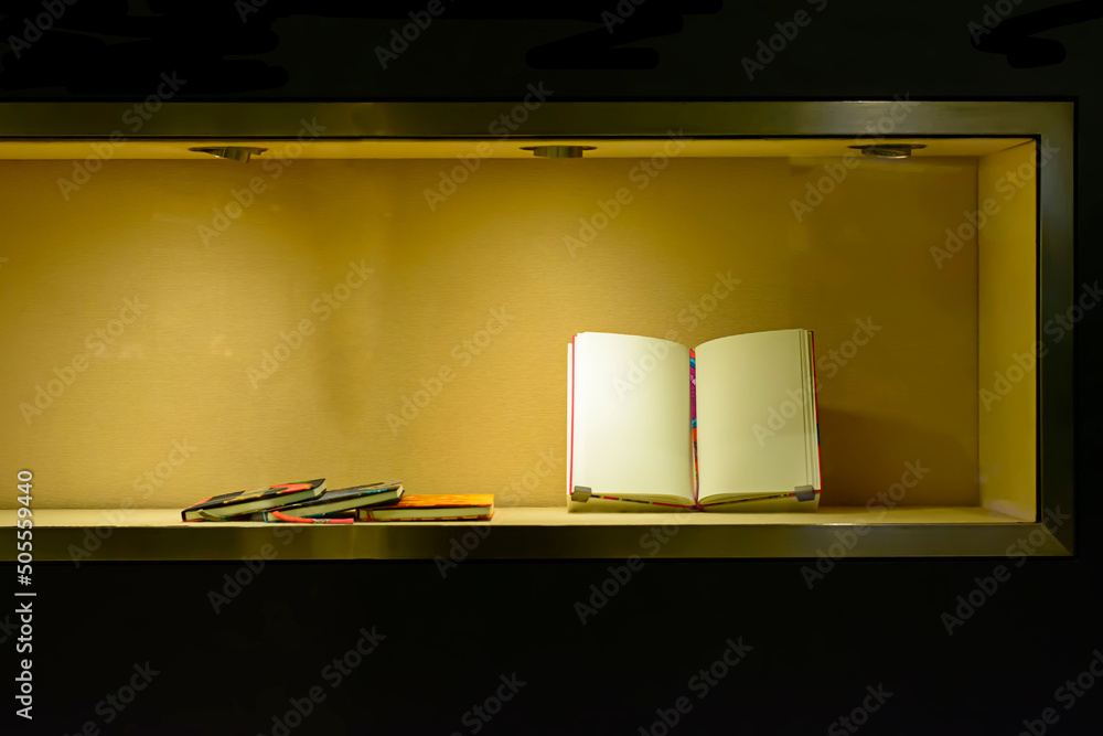Poster closeup of an open notebook with three closed notebooks in the showcase with downlights