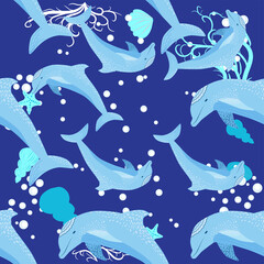 Dolphin, sea inhabitants seamless pattern, beautiful character among seashells, algae, starfish, marine wildlife