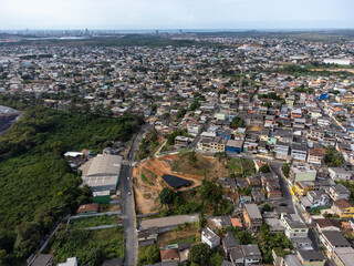 Slum favela-style community city on the outskirts of Vitoria, Cariacica, Espirito Santo - aerial...