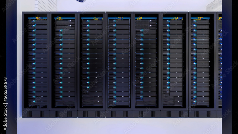 Fototapete front view of computer racks in the server room - data protection, rendering, computer power