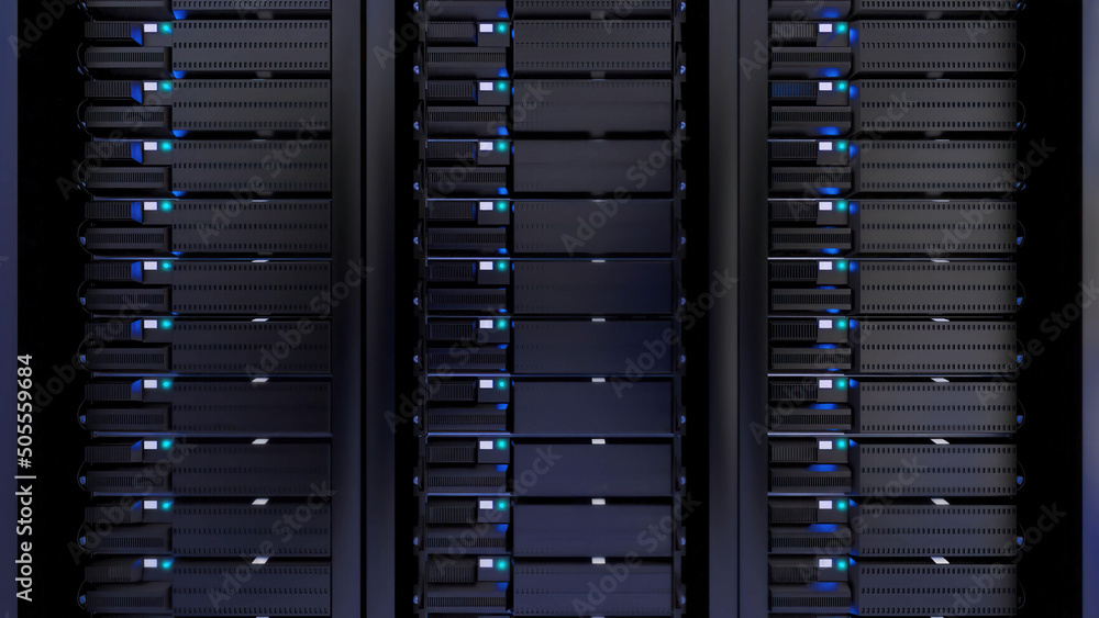 Fototapete front view of computer racks in the server room - data protection, rendering, computer power