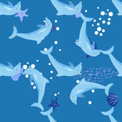 Dolphin, sea inhabitants seamless pattern, beautiful character among seashells, algae, starfish, marine wildlife