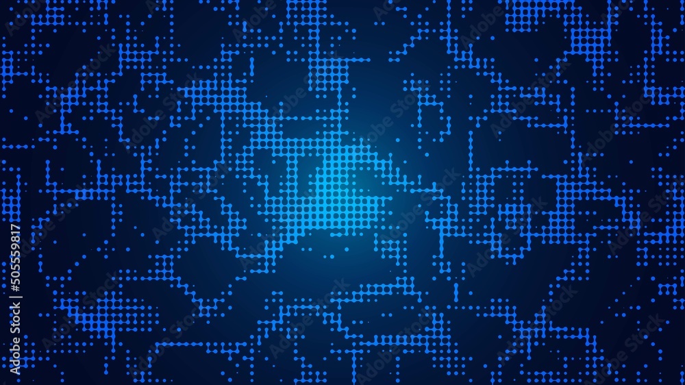 Poster abstract blue mosaic background. texture of particles, dots, pixels. wave pattern of connecting circ