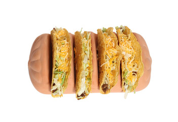 Top view of a terracotta taco holder with four tacos isolated on a white background