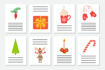 Set of Christmas greeting or invitation. Postcards with New Years symbols, Christmas tree, snowflakes, gifts, candy cane