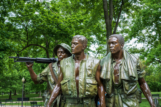 Washington, DC USA - May 5, 2022: "The Three Soldiers" bronze statue by Frederick Hart, part of the Vietnam Veterans Memorial, was the first representation of an African American on the National Mall.