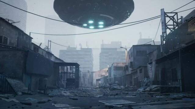 A flying saucer flies over a deserted city and aliens land in the middle of abandoned shacks. A desolate planet after the apocalypse. The animation is ideal for apocalyptic, sci-fi, space backgrounds.