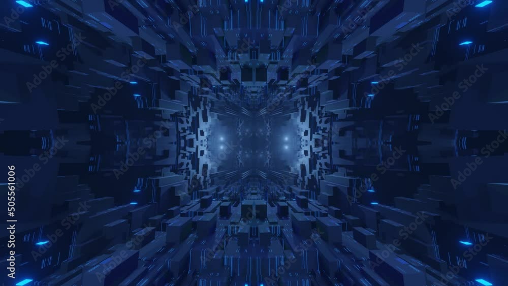 Poster fly through symmetrical technology cyberspace with neon glow. sci-fi flight through hi-tech technolo