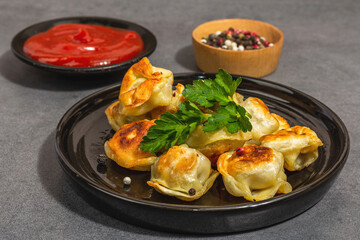 Deep-fried dumplings with tomato sauce and pepper mix. Vegan food, modern hard light, dark shadow