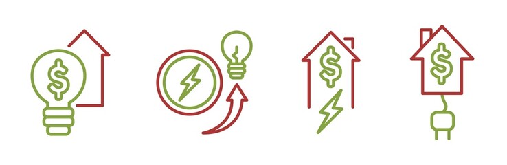 High energy bill icon set, rising electricity price concept, global crisis vector icons, skyrocket household finance emblems, symbols isolated on white background