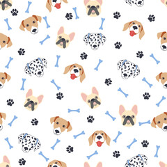 Obraz premium Seamless patterns with cute cartoon dogs muzzles. Dalmatian, Terrier, Bulldog