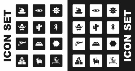 Set Sun, Cactus, Mexican man sombrero, Snake, Lizard, Cigar, and Revolver gun icon. Vector