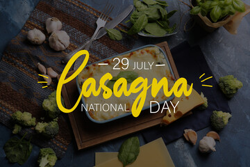Tasty green lasagna and ingredients on dark background. Celebration of National Lasagna Day