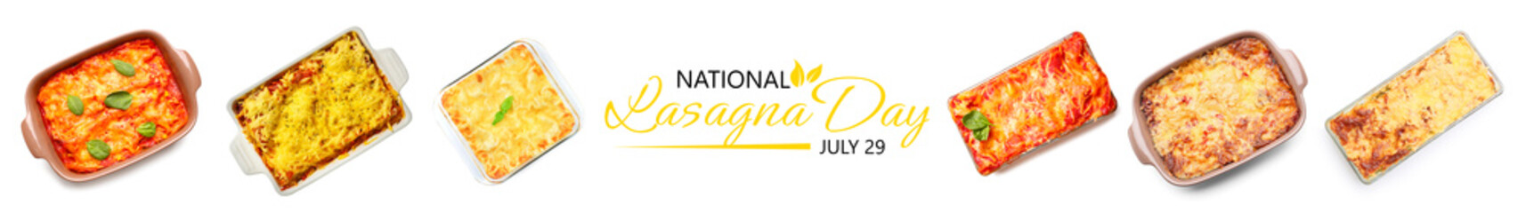 Baking dishes with tasty traditional lasagna on white background. Celebration of National Lasagna Day