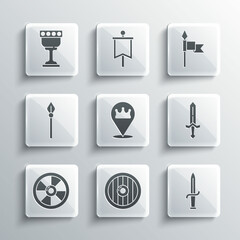 Set Round wooden shield, Dagger, Medieval sword, Location king crown, spear, goblet and icon. Vector