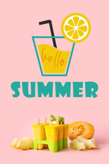 Tasty melon ice cream with text HELLO SUMMER on pink background