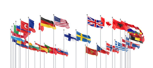 Flags of NATO - North Atlantic Treaty Organization, Sweden, Finland.  - 3D illustration.  Isolated on white  background.