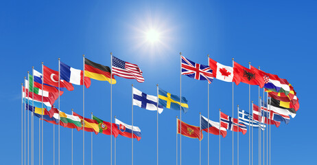 Flags of NATO - North Atlantic Treaty Organization, Sweden, Finland.  - 3D illustration.  Isolated on sky background. - obrazy, fototapety, plakaty