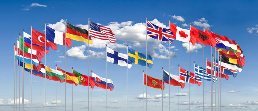 Flags of NATO - North Atlantic Treaty Organization, Sweden, Finland.  - 3D illustration.  Isolated on sky background.