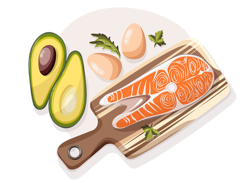 healthy food: avocado, salmon, eggs on board clip art preview
